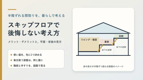 スキップフロアで後悔しない考え方。使い道を決める、毎日使う部屋を同じ面にそろえる、階段と手すりを図面で見る、の3つを断面図とともに示した図
