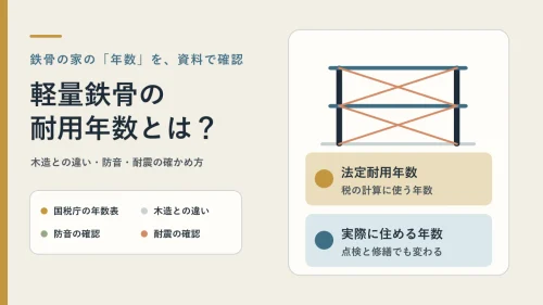 軽量鉄骨の耐用年数を整理する記事の図。鉄骨の骨組みの絵と、税の計算に使う法定耐用年数、実際に住める年数の2つを並べている