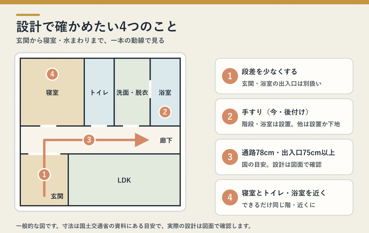 簡易平面図で、玄関から廊下を通って寝室・トイレ・洗面・浴室へ続く動線と、段差・手すり・通路と出入口の幅・部屋の近さの4つの確認点を示した図