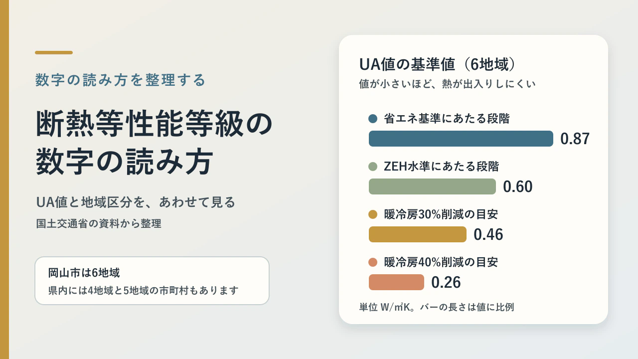 断熱等性能等級の数字の読み方。6地域のUA値の基準値を、省エネ基準、ZEH水準、暖冷房の削減目安の4つで並べたものさしの図