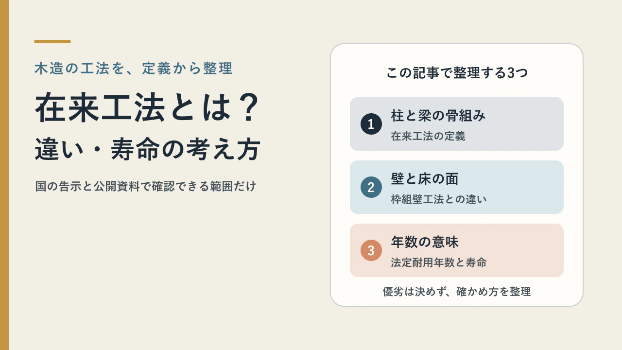 在来工法とは何か、枠組壁工法との違いと寿命の考え方を整理する記事の図。柱と梁で支える家と、壁と床の面で支える家を並べている