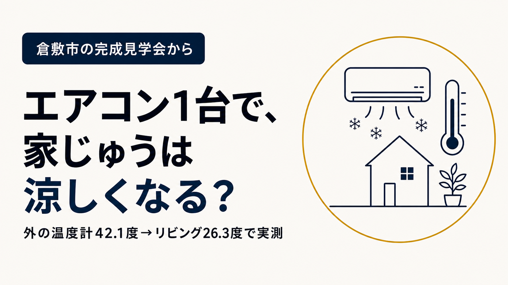 外の温度計は42.1度、リビングは26.3度｜倉敷市の家で、エアコン1台のまま測りました
