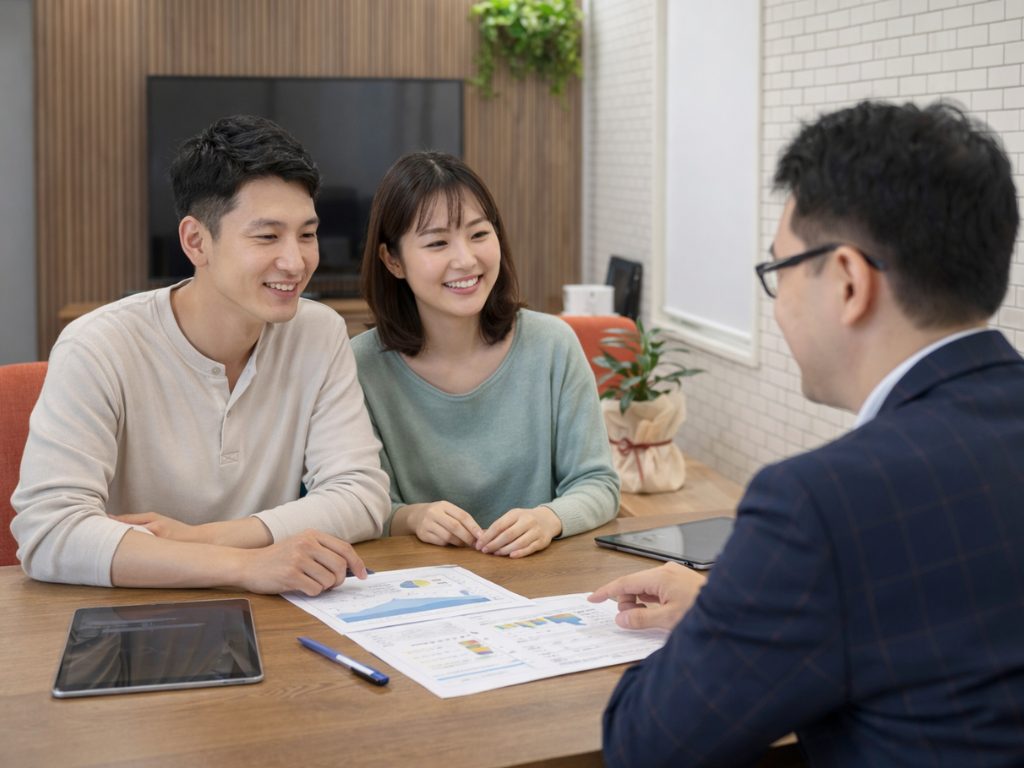 ご夫婦と担当スタッフが和やかに家づくりの相談をしている様子