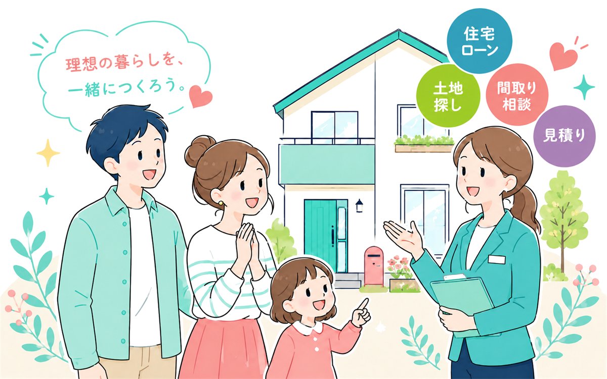 理想の暮らしを、一緒につくろう。住宅ローン・土地探し・間取り相談・見積りまで、ご家族と担当スタッフが家づくりを相談しているイラスト